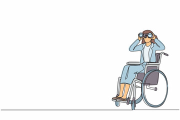 Poster - Single continuous line drawing successful businesswoman in wheelchair with binocular looks for new ideas, solutions, and decisions. Discover opportunities concept. One line draw graphic design vector