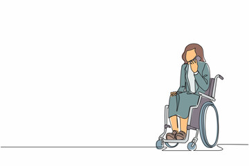 Poster - Single one line drawing disabled girl in wheelchair having phone conversation while working from home. Brave businesswoman talking with client on mobile phone. Continuous line draw design vector