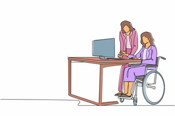 Aufkleber - Continuous one line drawing handicapped businesswoman in wheelchair working with colleague in office. People discussing business graph on computer. Single line draw design vector graphic illustration