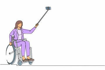 Poster - Single continuous line drawing businesswoman in wheelchair taking selfie with phone and stick. Disabled manager woman in wheelchair making selfie on smartphone. One line draw graphic design vector