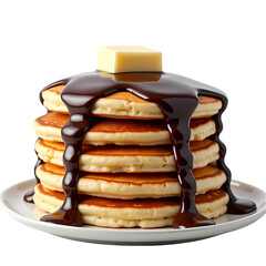 Poster - A stack of pancakes with chocolate syrup and a butter cube on a white plate  isolated on transparent background