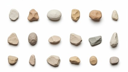 Leinwandbilder - An assortment of smooth, naturally shaped stones, pebbles, and rocks arranged in a grid pattern, showcasing various textures and shapes. The stones offer a serene and calming aesthetic