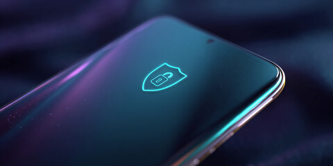 Aufkleber - Smartphone display with glowing cyan security icon inside shield, showcasing digital protection and data safety concept