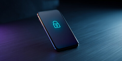 Poster - Smartphone displaying a glowing blue padlock icon on dark screen, resting on a dark surface, symbolizing digital security and data protection