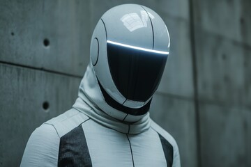 Poster - Futuristic humanoid figure in minimalistic urban space with reflective surface in soft lighting