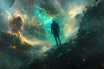 Poster - Cosmic exploration of an astral figure gazing into a vibrant nebula in the depths of space