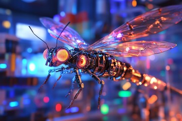 Poster - Advanced robotic insect with glowing features in a colorful urban environment at night