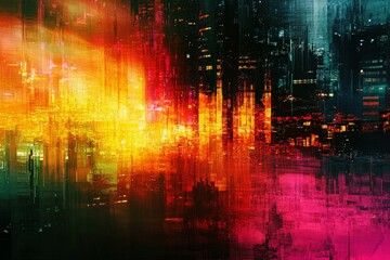 Poster - Vibrant abstract cityscape with colorful patterns depicting urban life at night