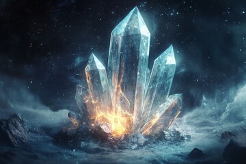 Poster - Stunning display of glowing crystals amidst swirling mist in a cosmic setting