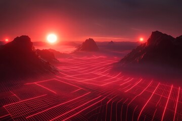 Poster - Surreal landscape with glowing red lines and two suns in the sky at dusk over mountainous terrain