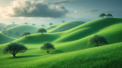 Poster - A picturesque landscape of rolling hills adorned with vibrant Imperata cylindrica (Cogon Grass) under a cloudy sky.