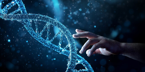 Aufkleber - Scientist hand touching DNA digital hologram on dark blue background. Generative ai DNA