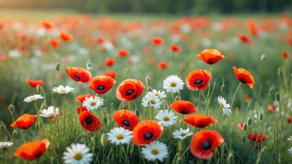 Poster - Flowers and greenery in a peaceful summer landscape featuring red poppies and white daisies in Czechia