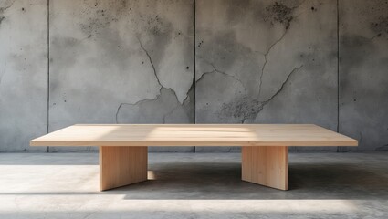 Poster - Contemporary wooden table against a vintage concrete wall in an interior shop setting, perfect for product display
