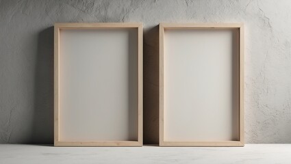 Poster - Empty blank picture poster in wooden frame hanging on white concrete wall, vintage mockup.