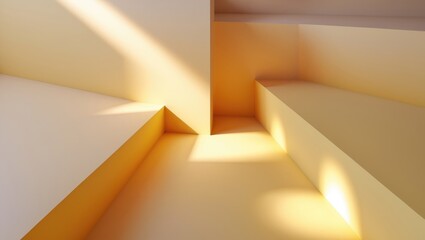 Poster - Minimalist 3D scene of an empty yellow room corner with artistic shadows and soft lighting