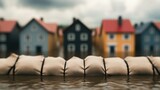 Sandbags protect flooded houses as rising water threatens a residential neighborhood.
