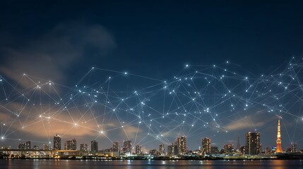 Poster - night cityscape skyline digital network connections smart city technology futuristic urban landscape