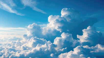 Wall Mural - Blue sky and white cumulus clouds background with a panoramic view of fluffy clouds and sunny weather