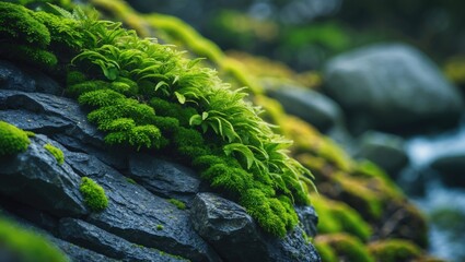 Poster - Colonies of vibrant green moss flourishing on textured surfaces like brick or concrete