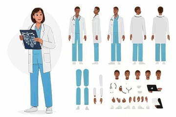 Poster - Female doctor surgeon, radiologist in hospital. Character constructor for animation. Front, side and back view set. Body parts, postures, poses collection. Vector illustration. 