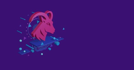 Poster - Pink goat's head symbol on a pedestal of abstract geometric shapes floating in the air. Abstract concept art with flying shapes on the left. 3d illustration on deep purple background