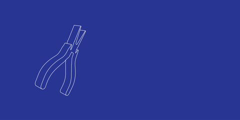 Poster - The outline of a large round pliers symbol made of white lines on the left. 3D view of the object in perspective. Vector illustration on indigo background