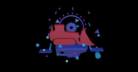 Poster - Red bulldozer symbol on a pedestal of abstract geometric shapes floating in the air. Abstract concept art with flying shapes in the center. 3d illustration on black background