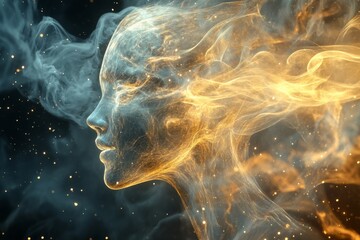 Poster - Ethereal human figure formed by swirling smoke and light in a mystical setting at night creating a unique visual experience