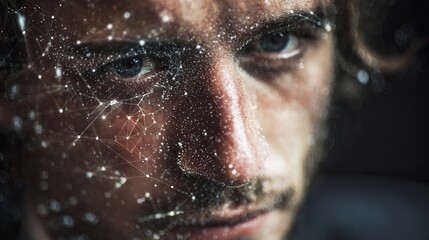 Poster - Intriguing Portrait Mysterious Man Digital Art Abstract Network Connections Futuristic Technology Conceptual Image Modern Artistic Style High Resolution Detailed Close Up Face Web 