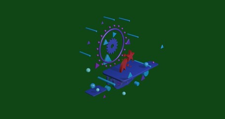 Poster - Red fireworks symbol on a pedestal of abstract geometric shapes floating in the air. Abstract concept art with flying shapes in the center. 3d illustration on green background