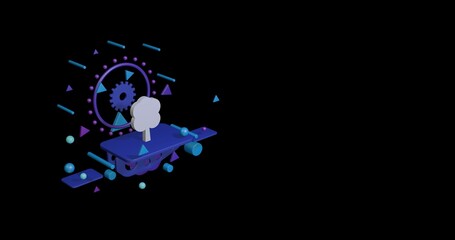 Poster - White tree symbol on a pedestal of abstract geometric shapes floating in the air. Abstract concept art with flying shapes on the left. 3d illustration on black background