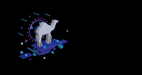 Poster - White camel symbol on a pedestal of abstract geometric shapes floating in the air. Abstract concept art with flying shapes on the left. 3d illustration on black background