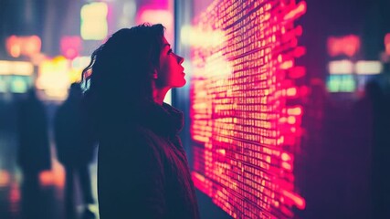Fototapete - Woman contemplates a large digital display with red glowing code in a futuristic cityscape