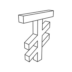 Poster - the outline of a large tugrik symbol is made with black lines. 3d view of the object in perspective.