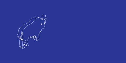 Poster - The outline of a large buffalo symbol made of white lines on the left. 3D view of the object in perspective. Vector illustration on indigo background
