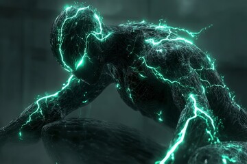 Aufkleber - Futuristic humanoid figure with electric energy in a dimly lit, high-tech environment, showcasing a blend of technology and artistry