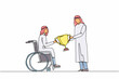 © Simple Line - Continuous one line drawing disabled Arab man on wheelchair accept winner trophy cup. Achievements and victory. Disability people success in sport and business. Single line draw design vector graphic