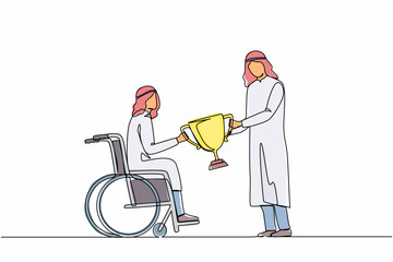 Poster - Continuous one line drawing disabled Arab man on wheelchair accept winner trophy cup. Achievements and victory. Disability people success in sport and business. Single line draw design vector graphic
