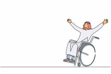 Poster - Single continuous line drawing Arabian man sitting in wheelchair, raising hands in happiness, rehabilitation concept. Happy young man in wheelchair. One line draw graphic design vector illustration
