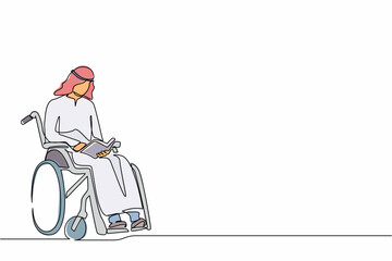 Poster - Continuous one line drawing young positive student disabled reads a book while sitting in a wheelchair. Disability Arabian man studying in college. Single line draw design vector graphic illustration