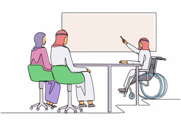 Poster - Single continuous line drawing disabled Arab businessman giving presentation to colleagues. Coworker listening to disability executive in wheelchair presenting in office. One line draw design vector