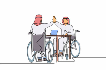Poster - Continuous one line drawing two disabled Arab men give high five coworker. Office worker sitting in wheelchair joy. Colleague celebrating success. Good job sign. Single line design vector illustration