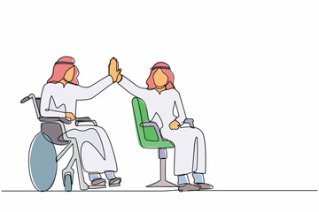 Poster - Single one line drawing happy disabled Arabian man give high five coworker. Office worker sitting in wheelchair joy. Colleague celebrating success. Good job sign. Continuous line design graphic vector