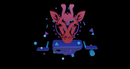 Poster - Red giraffe head symbol on a pedestal of abstract geometric shapes floating in the air. Abstract concept art with flying shapes in the center. 3d illustration on black background