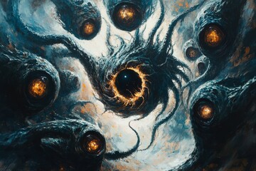 Poster - Mysterious cosmic entities swirl around a dark central vortex in an abstract space-themed artwork