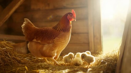 Poster - Maternal brown hen nurturing baby chicks nestled in soft straw, warm sunlight streaming across wooden chicken coop interior, radiating peaceful farm life essence