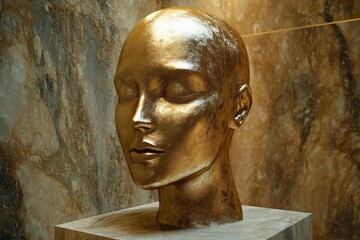 Poster - Golden sculpture of a serene face on a stone pedestal against a textured background in an art exhibition hall