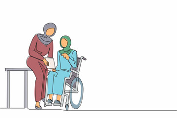 Poster - Single continuous line drawing Arabian businesswoman sitting on wheelchair presenting business graph on paper to manager. Corporate colleagues in the modern office. One line draw graphic design vector