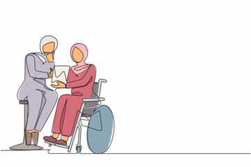 Poster - Single continuous line drawing disabled Arab woman patient in wheelchair talking with doctor, discuss results of medical examination. Doctor hold checklist. One line graphic design vector illustration